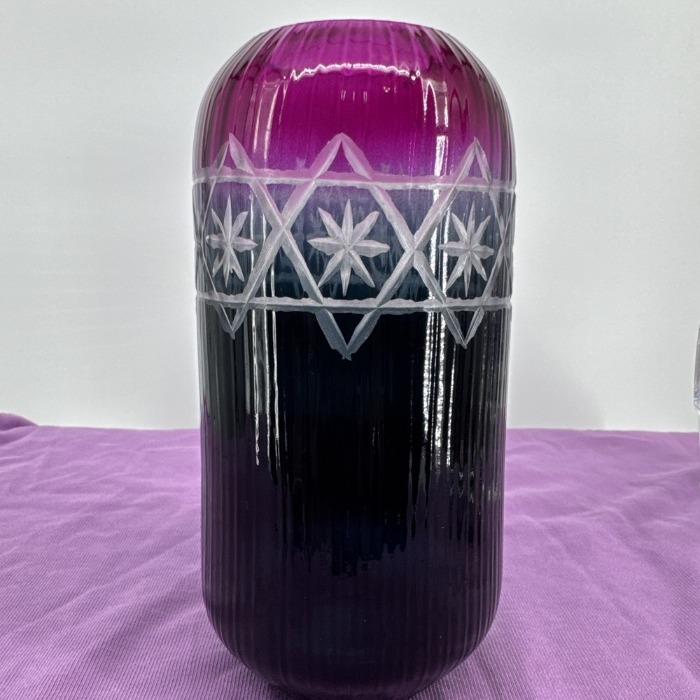Anthropologie Bohemian Purple & Navy Glass Candleholder 7 in.‎ Cut Glass BNWT
